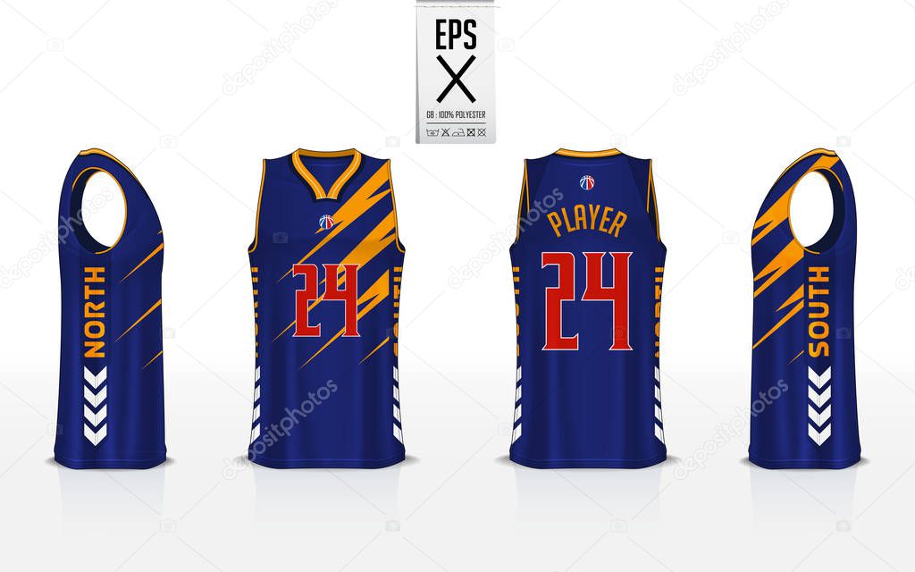 Basketball uniform template design for basketball club. Tank top t-shirt mockup for basketball jersey. Front view, back view and side view basketball shirt. Vector Illustration.