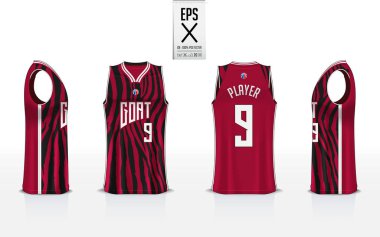 Basketbol basketbol kulübü için tek tip şablon tasarım. Kolsuz tişört mockup basketbol forması için. Önden görünüm, arkadan görünüm ve yan görünümü basketbol forması. Vektör çizim.