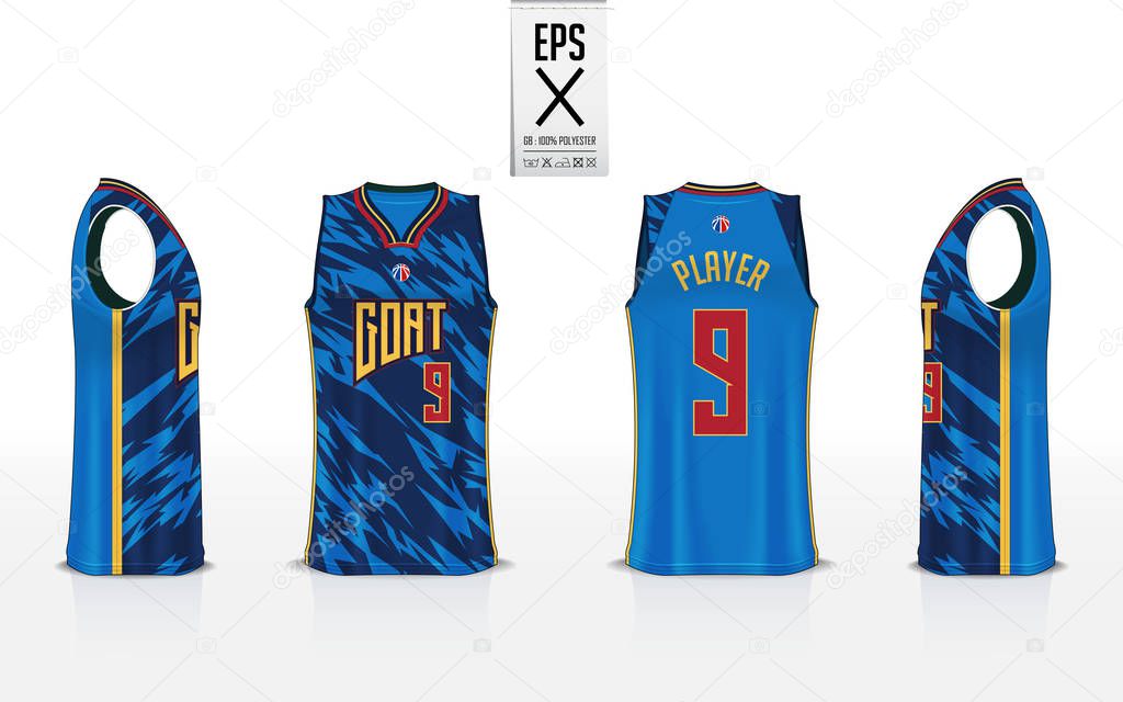 Basketball uniform template design for basketball club. Tank top t-shirt mockup for basketball jersey. Front view, back view and side view basketball shirt. Vector Illustration.