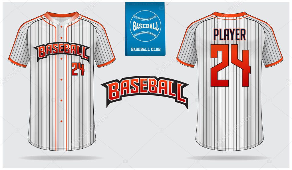 Baseball jersey, sport uniform, raglan t-shirt sport, template design. Baseball t-shirt mock up. Front and back view baseball uniform. Flat baseball logo on blue label. Vector Illustration.
