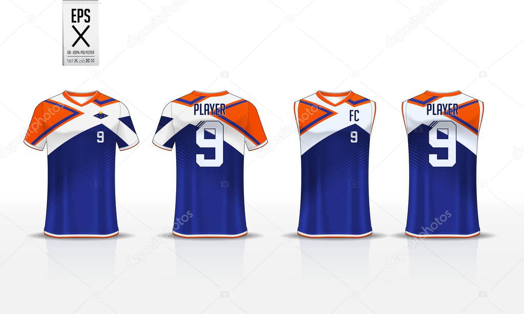 Blue T-shirt sport template design for soccer jersey, football kit and tank top for basketball jersey. Sport uniform in front and back view. Sport shirt mock up for sport club. Vector Illustration.