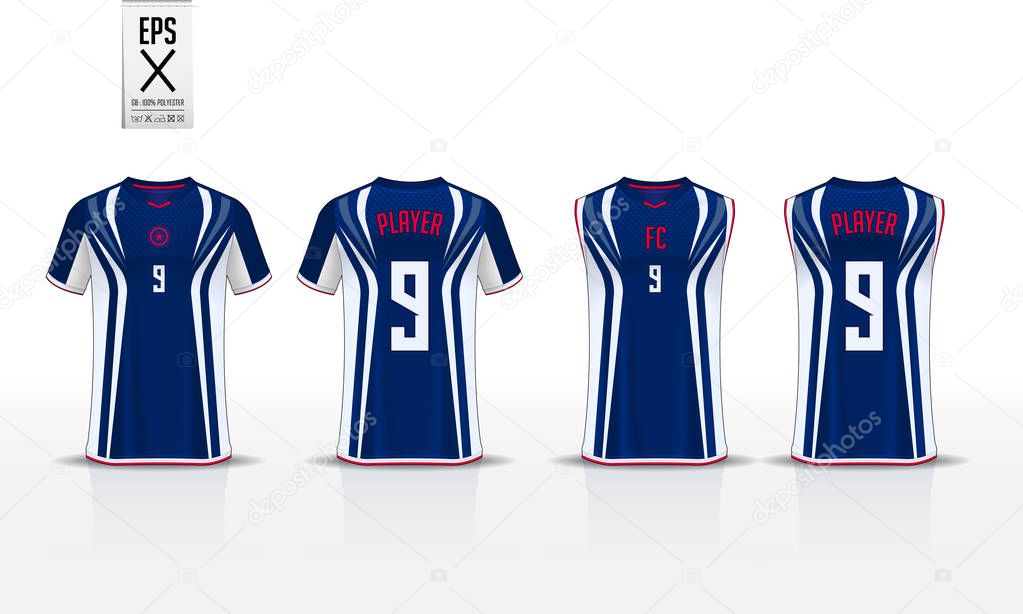 Blue T-shirt sport template design for soccer jersey, football kit and tank top for basketball jersey. Sport uniform in front and back view. Sport shirt mock up for sport club. Vector Illustration.