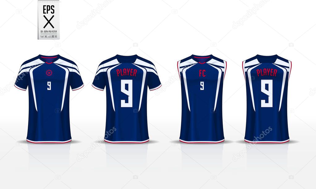 Blue T-shirt sport template design for soccer jersey, football kit and tank top for basketball jersey. Sport uniform in front and back view. Sport shirt mock up for sport club. Vector Illustration.