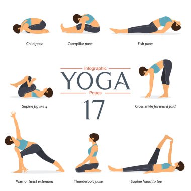 8 yoga teşkil etmektedir düz tasarım kümesi. Kadın figürleri mavi spor giyim ve siyah yoga yoga infographics pantolon egzersiz. Vektör çizim.