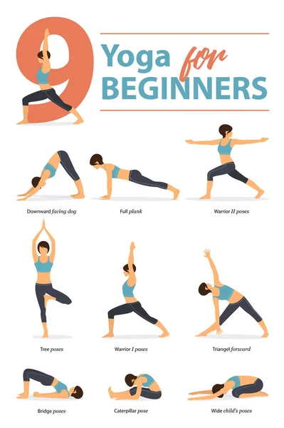 Yoga dizi kadın figürleri Infographic 9 Yoga poses düz tasarım yeni başlayanlar için duruşlar. Kadın figürleri pantolon mavi spor giyim ve siyah yoga egzersiz. Vektör çizim.