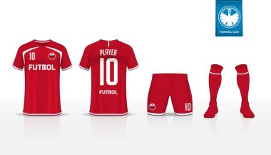 Futbol jersey veya futbol takımı t-shirt spor, şort, çorap şablon tasarım spor kulübü için. Futbol t-shirt alay et. Ön ve arka futbol Tekdüzen görüntüleyin. Mavi etiket üzerinde düz futbol logo. Vektör çizim.