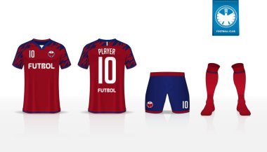 Futbol jersey veya futbol takımı t-shirt spor, şort, çorap şablon tasarım spor kulübü için. Futbol t-shirt alay et. Ön ve arka futbol Tekdüzen görüntüleyin. Mavi etiket üzerinde düz futbol logo. Vektör çizim.