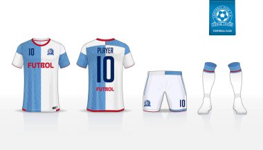 Futbol jersey veya futbol takımı t-shirt spor, şort, çorap şablon tasarım spor kulübü için. Futbol t-shirt alay et. Ön ve arka futbol Tekdüzen görüntüleyin. Mavi etiket üzerinde düz futbol logo. Vektör çizim.