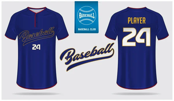 Baseball jersey, sport uniform, raglan t-shirt sport template design. Baseball t-shirt mock up. Front and back view baseball uniform. Flat baseball logo on blue label. Vector Illustration.