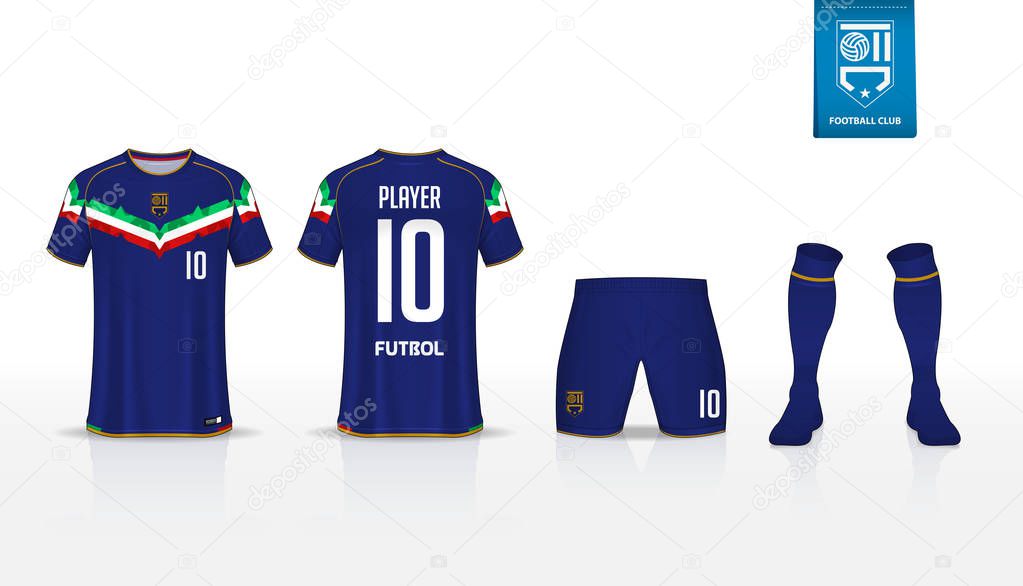 Soccer jersey or football kit template design for sport club. Football t-shirt sport, shorts and socks  mock up. Front and back view soccer uniform. Flat football logo design. Vector Illustration.