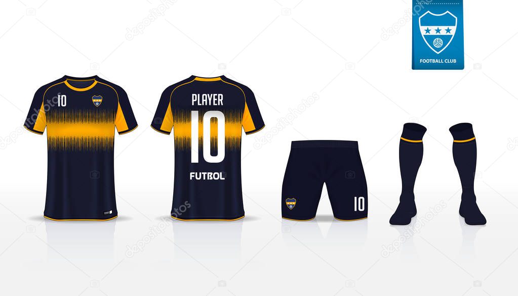 Soccer jersey or football kit template design for sport club. Football t-shirt sport, shorts and socks  mock up. Front and back view soccer uniform. Flat football logo design. Vector Illustration.