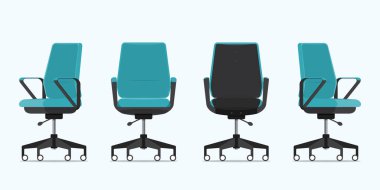 Görünüm çeşitli noktalarda ofis koltuğu veya masa sandalyesi. Ön, arka, yan görünüm koltuk veya tabure. Düz tasarım Iç için mavi mobilya. Vektör Illustration.