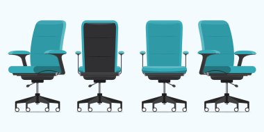 Görünüm çeşitli noktalarda ofis koltuğu veya masa sandalyesi. Ön, arka, yan görünüm koltuk veya tabure. Düz tasarım Iç için mavi mobilya. Vektör Illustration.