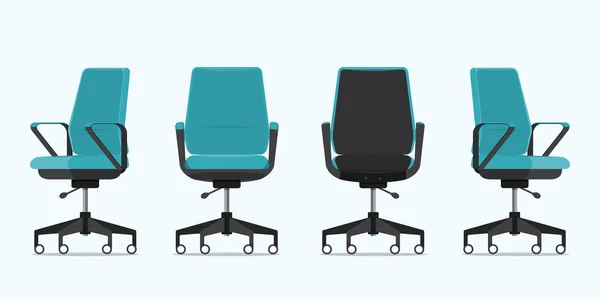 Πολυθρόνα ή καρέκλα γραφείου σε διάφορες απόψεις. Πολυθρόνα ή σκαμπό μπροστά, πίσω, πλευρική θέα. Μπλε έπιπλα για εσωτερικούς χώρους σε επίπεδη σχεδίαση. Απεικόνιση διανυσματικών φορέων. — Διανυσματικό Αρχείο