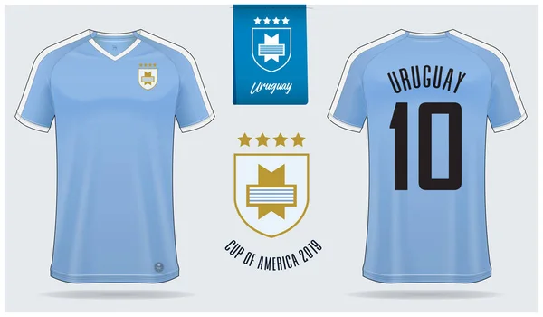 サッカージャージまたはウルグアイナショナルフットボールチームのためのサッカーキットのモックアップテンプレートデザインのセット。フロントとバックビューサッカーの制服。黄色のサッカーシャツモックアップ。ベクターイラスト — ストックベクタ