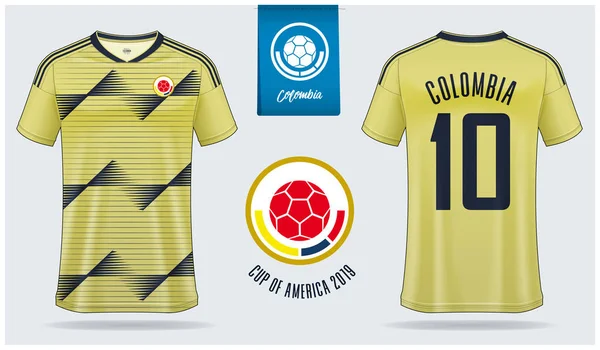 Conjunto de camiseta de fútbol o kit de fútbol maqueta de diseño de plantilla para la selección de fútbol nacional de Colombia. Uniforme de fútbol con vista frontal y trasera. Camisa de fútbol amarillo simulada. Ilustración vectorial — Archivo Imágenes Vectoriales