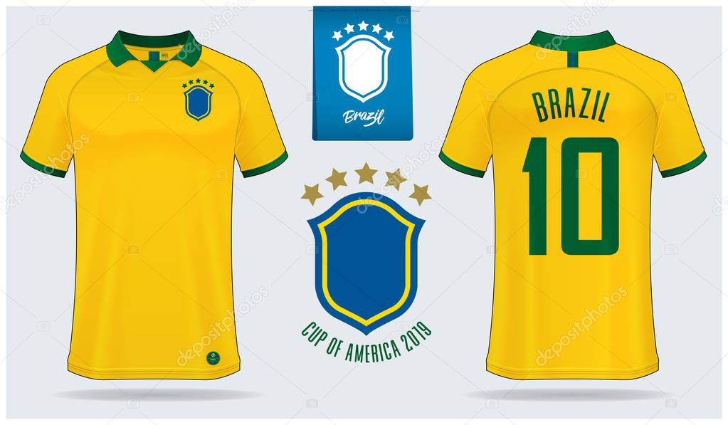 Set of soccer jersey or football kit mockup template design for Brazil national football team. Front and back view soccer uniform. Yellow Football shirt mock up. Vector Illustration