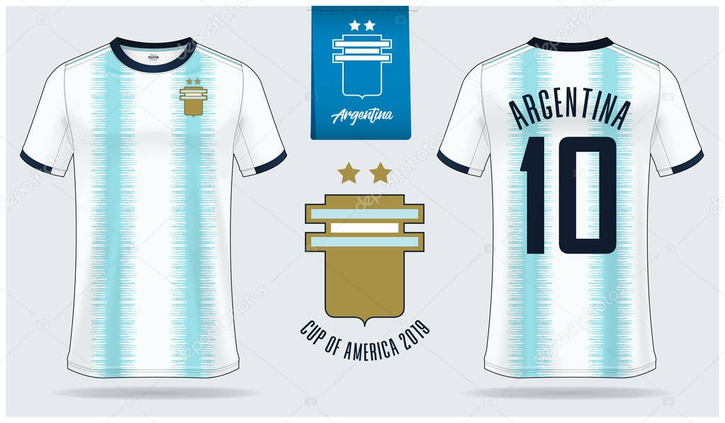 Set of soccer jersey or football kit mockup template design for Argentina national football team. Front and back view soccer uniform. Yellow Football shirt mock up. Vector Illustration