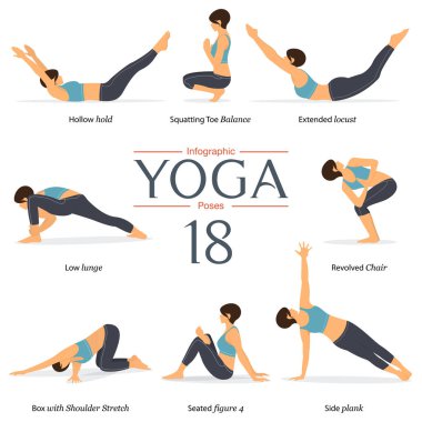 8 yoga teşkil etmektedir düz tasarım kümesi. Kadın figürleri mavi spor giyim ve siyah yoga yoga infographics pantolon egzersiz. Vektör çizim.