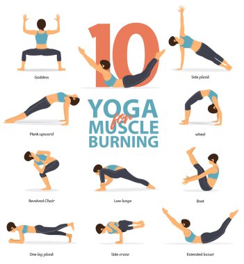 Yoga duruşları kadın figürleri Infographic seti . 10 Yoga düz tasarım Kas Yakma için pozlar. Kadın figürleri mavi spor ve siyah yoga pantolon egzersiz. Vektör İllüstrasyonu.