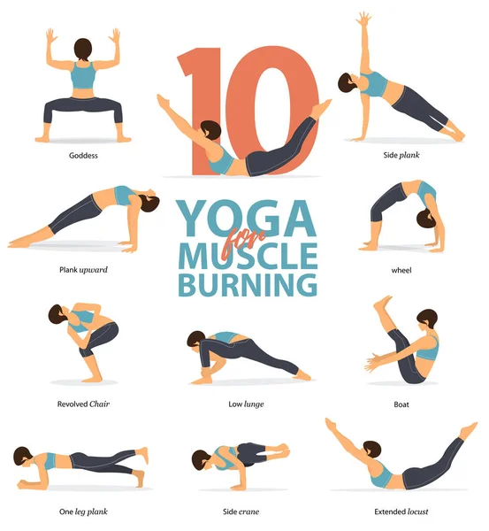 Yoga duruşları kadın figürleri Infographic seti . 10 Yoga düz tasarım Kas Yakma için pozlar. Kadın figürleri mavi spor ve siyah yoga pantolon egzersiz. Vektör İllüstrasyonu.