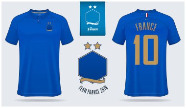 Fransa milli futbol takımı için futbol forması veya futbol kiti mockup şablon tasarım seti. Ön ve arka görünüm futbol üniforması. Fransa Futbol forması sahte. Vektör İllüstrasyonu