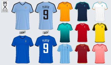 Futbol forması veya futbol kiti mockup şablon tasarım spor kulübü için. Futbol t-shirt spor alay. Ön ve arka görünüm futbol üniforması. Düz futbol logo tasarımı. Vektör İllüstrasyonu.