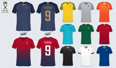 Futbol forması veya futbol kiti mockup şablon tasarım spor kulübü için. Futbol t-shirt spor alay. Ön ve arka görünüm futbol üniforması. Düz futbol logo tasarımı. Vektör İllüstrasyonu.