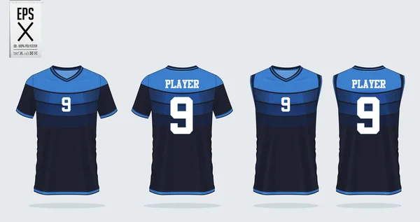 Blue T-shirt olahraga mockup desain template untuk jersey sepak bola, kit sepak bola dan tank top untuk jersey basket. Seragam olahraga di depan dan belakang. Templat kaos olahraga untuk klub olahraga. Ilustrasi Vektor . - Stok Vektor