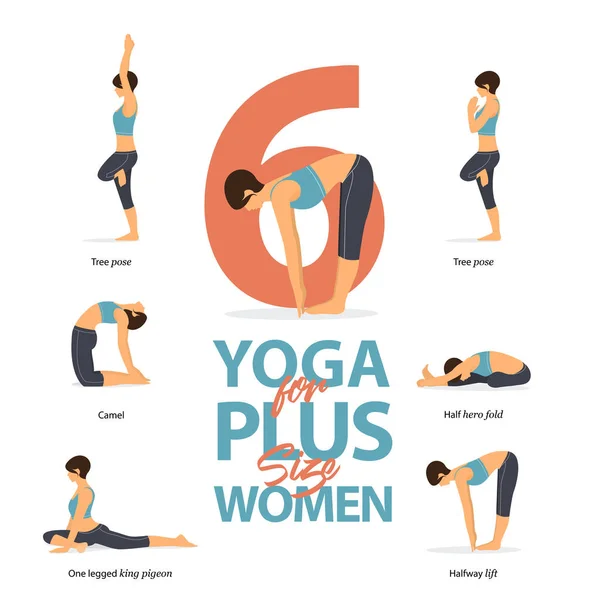 Reihe von Yoga-Haltungen weibliche Figuren Infografik. 6 Yoga-Posen für Plus-Size-Frauen in flachem Design. Frauenfiguren turnen in blauer Sportbekleidung und schwarzer Yogahose. Vektorillustration. — Stockvektor