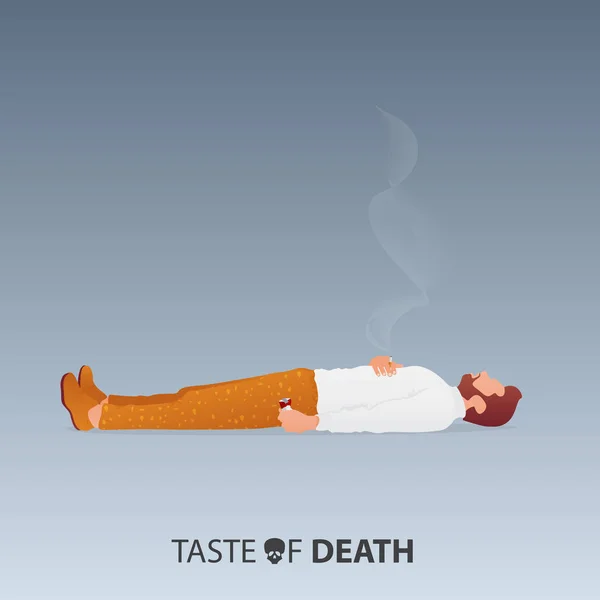 May 31st World No Tobacco Day. No Smoking Day Awareness. Stop Smoking Campaign. Death of smoker concept. Man lying down on the floor, crumpled the cigarette pack in left hand and hold the cigarette in right hand. Vector Illustration. — Stock Vector