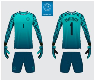 Kaleci forması veya futbol kiti mockup. Kaleci eldivenve uzun kollu mayo şablon tasarımı. Spor t-shirt alay. Ön ve arka görünüm futbol üniforması. Düz futbol logoetiketi. Vektör İllüstrasyonu.