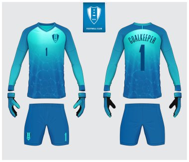 Kaleci forması veya futbol kiti mockup. Kaleci eldivenve uzun kollu mayo şablon tasarımı. Spor t-shirt alay. Ön ve arka görünüm futbol üniforması. Düz futbol logoetiketi. Vektör İllüstrasyonu.