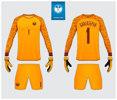 Kaleci forması veya futbol kiti mockup. Kaleci eldivenve uzun kollu mayo şablon tasarımı. Spor t-shirt alay. Ön ve arka görünüm futbol üniforması. Düz futbol logoetiketi. Vektör İllüstrasyonu.