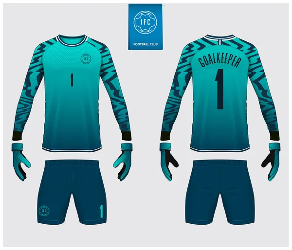 Camisola goleiro ou kit de futebol mockup. Luva goleiro e manga comprida jersey modelo design. Esporte t-shirt mock up. Farda de futebol frontal e traseira. Etiqueta de logotipo de futebol plana. Ilustração vetorial . —  Vetores de Stock