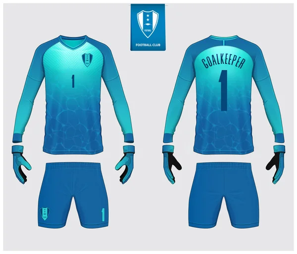 Maillot de gardien de but ou maquette de kit de football. Gant de gardien et modèle de maillot à manches longues. T-shirt sport maquillé. Uniforme de football vue de face et de dos. Étiquette logo football plat. Illustration vectorielle . — Image vectorielle