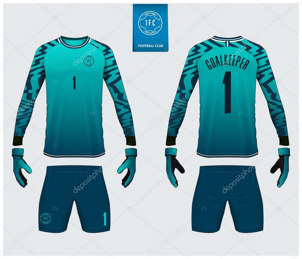 Goalkeeper jersey or soccer kit mockup. Goalkeeper glove and long sleeve jersey  template design. Sport t-shirt mock up. Front and back view soccer uniform. Flat football logo label. Vector Illustration.