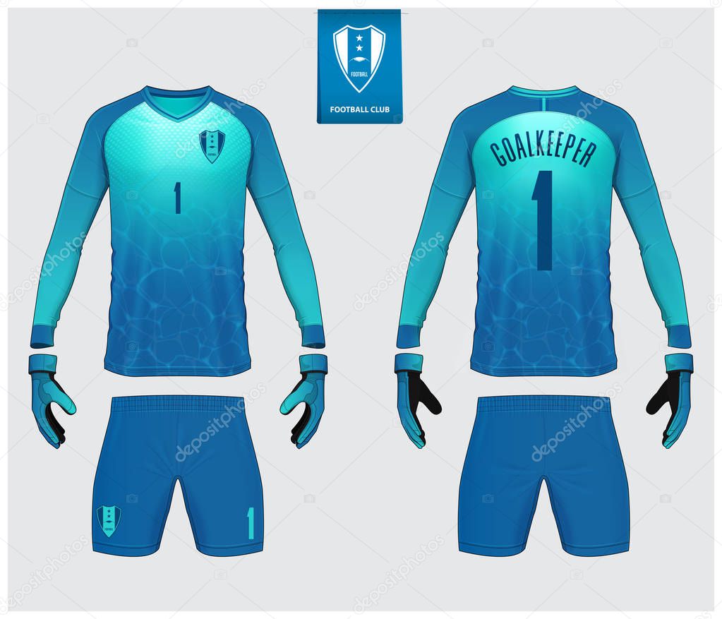 Goalkeeper jersey or soccer kit mockup. Goalkeeper glove and long sleeve jersey  template design. Sport t-shirt mock up. Front and back view soccer uniform. Flat football logo label. Vector Illustration.