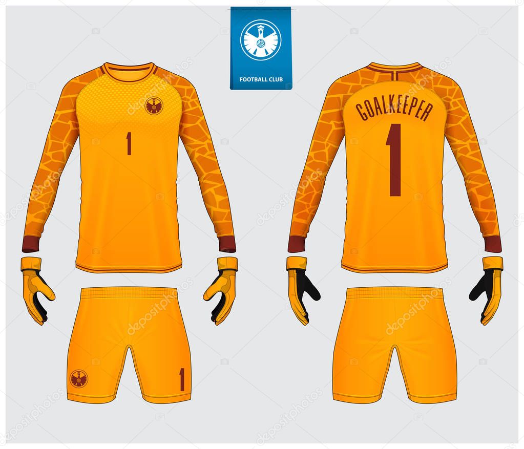 Goalkeeper jersey or soccer kit mockup. Goalkeeper glove and long sleeve jersey  template design. Sport t-shirt mock up. Front and back view soccer uniform. Flat football logo label. Vector Illustration.