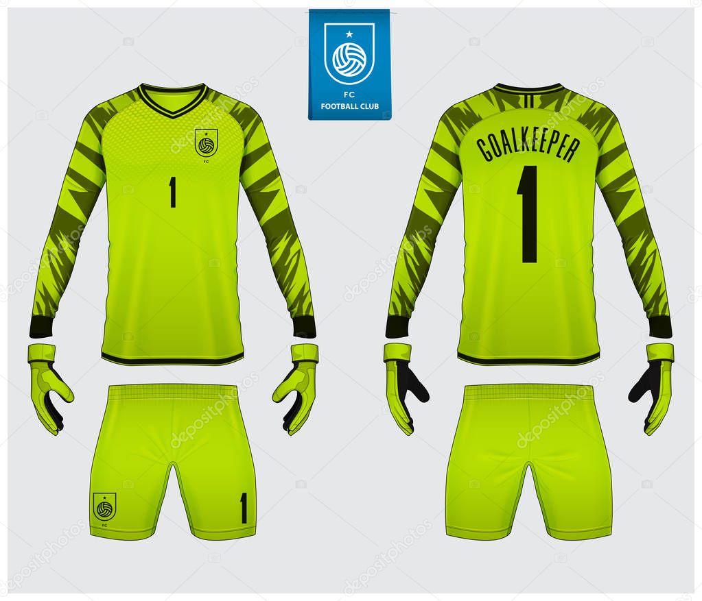 Goalkeeper jersey or soccer kit mockup. Goalkeeper glove and long sleeve jersey  template design. Sport t-shirt mock up. Front and back view soccer uniform. Flat football logo label. Vector Illustration.