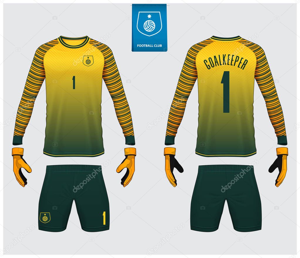 Goalkeeper jersey or soccer kit mockup. Goalkeeper glove and long sleeve jersey  template design. Sport t-shirt mock up. Front and back view soccer uniform. Flat football logo label. Vector Illustration.