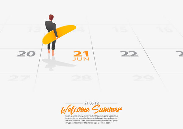Summer Holiday. Businessman is standing with surfboard on the beach and looking at the sea shore. Man holding surfboard in his hand marked date Summer season start on calendar 21th June 2019. Summer sport activity concepts. Vector Illustration.
