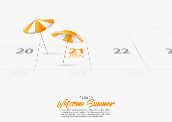 Vacaciones de verano. 2 sombrilla de madera naranja en la playa. Orang parasol fecha marcada La temporada de verano comienza en el calendario 21 de junio de 2019. Conceptos de verano. Ilustración vectorial . — Vector de stock