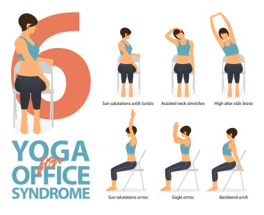 6 Yoga Infographic düz tasarım ofis sendromu için poz lar. Güzellik kadın ofis sandalyesinde güç için egzersiz yapıyor. Yoga duruşları kadın figürleri Infographic seti . Vektör İllüstrasyonu.