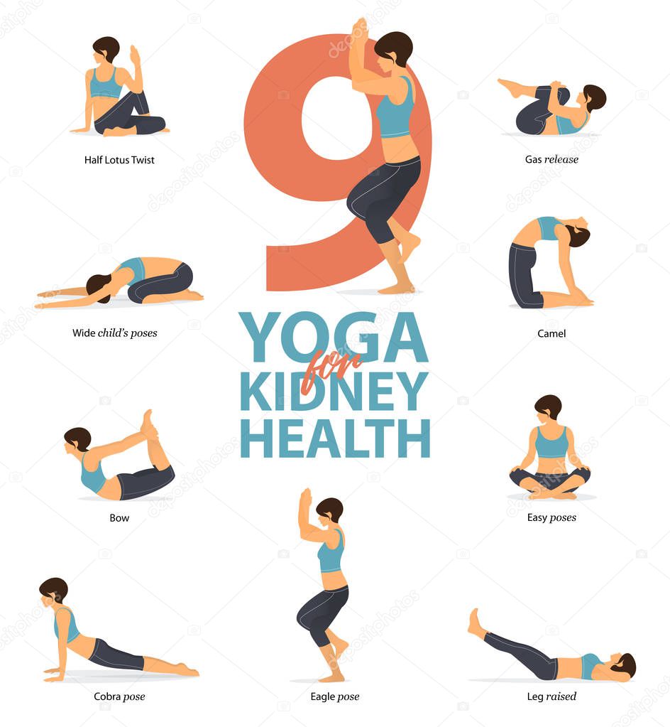 Infographic of 9 Yoga poses for kidney health in flat design. Beauty woman is doing exercise for kidney strength. Set of yoga postures female figures Infographic . Vector Illustration.