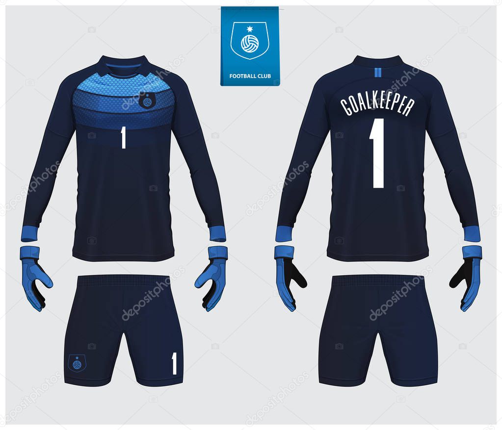 Goalkeeper jersey or soccer kit mockup. Goalkeeper glove and long sleeve jersey  template design. Sport t-shirt mock up. Front and back view soccer uniform. Flat football logo label. Vector Illustration.