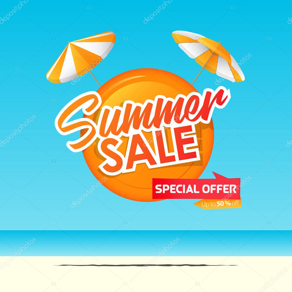 Summer sale banner template design. Special offer  up to 50% off banner for summer season. Two orange beach umbrella with orange circle in flat design. Summer sale typography on sea background. Vector Illustration.