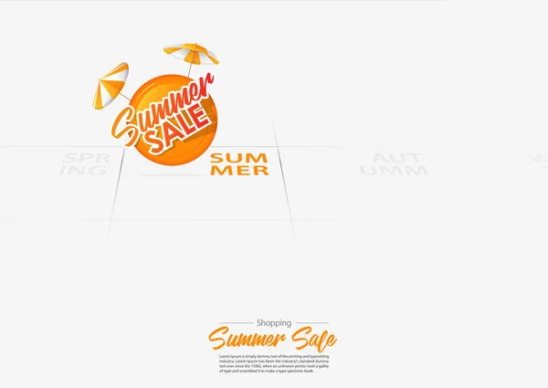 Banner de venta de verano con paraguas naranja fecha marcada Temporada de verano comienza en el calendario. Oferta especial de hasta 50% de descuento en banner para ir de compras los veranos. Diseño de banner, volante o plantilla de póster en estilo plano. Vector . — Vector de stock