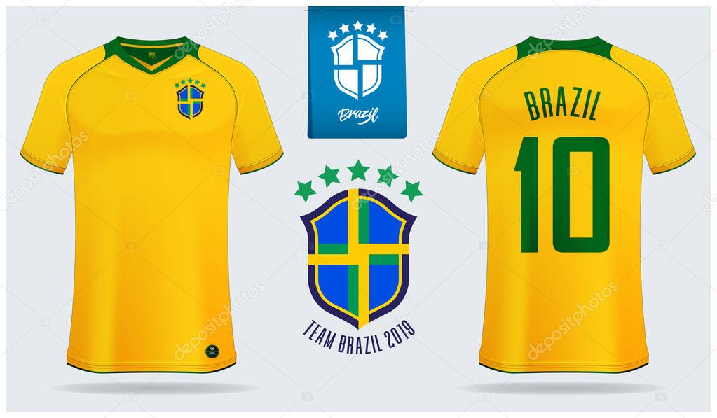 Set of soccer jersey or football kit mockup template design for Brazil national football team. Front and back view soccer uniform. Yellow Football shirt mock up. Vector Illustration