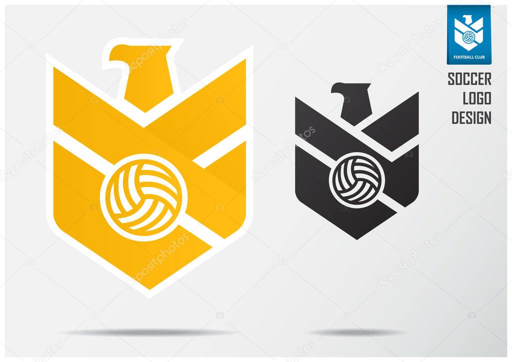 Soccer logo or Football Badge template design for football team. Sport emblem design of golden eagle and soccer ball on a shield. Football club logo in black and white icon. Vector Illustration.